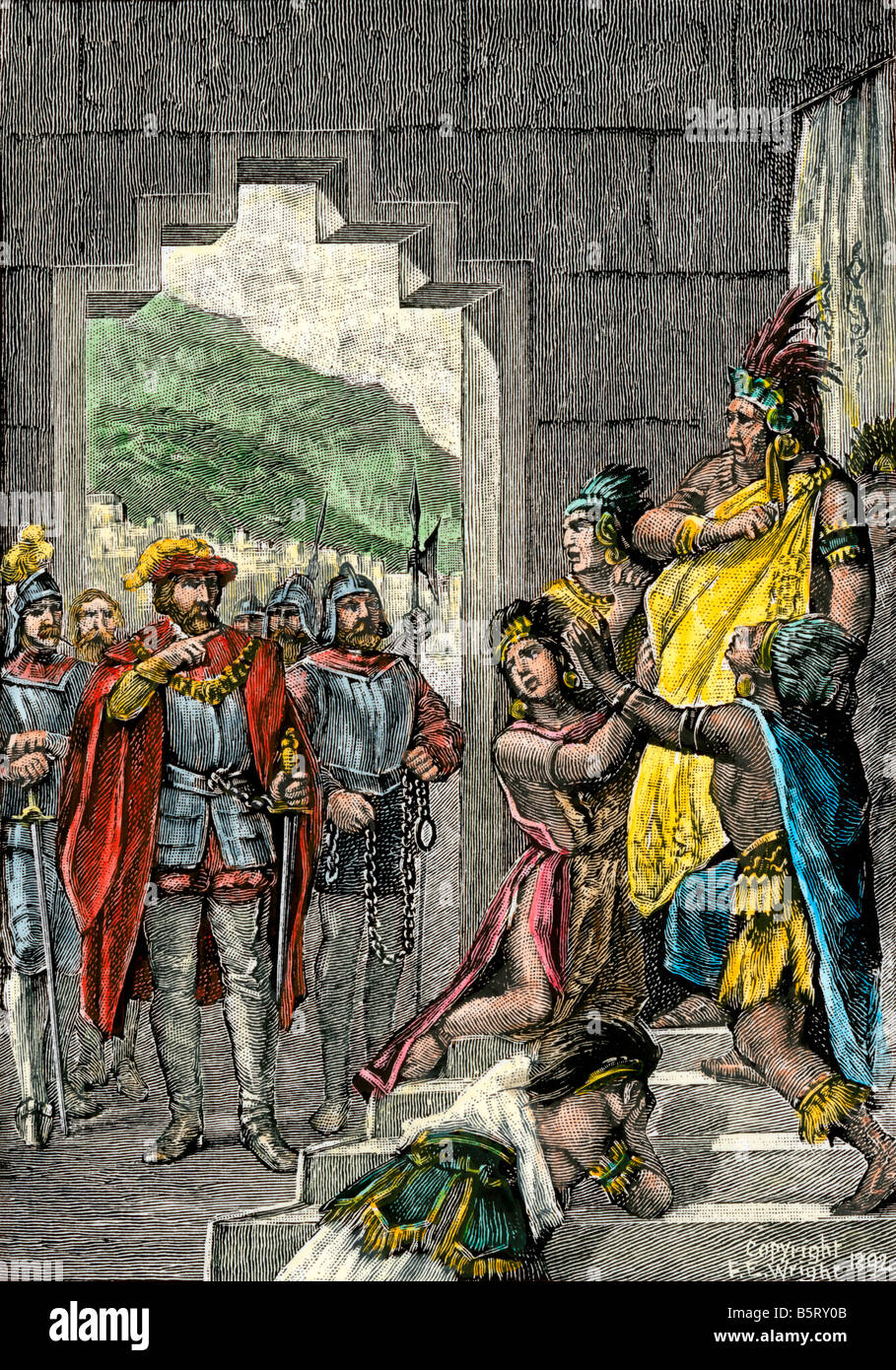 Conquistador espagnol Pizarro ordonne à la règle de l'Inca Atahualpa pour être conduit immédiatement à l'exécution au Pérou 1533. À la main, gravure sur bois Banque D'Images