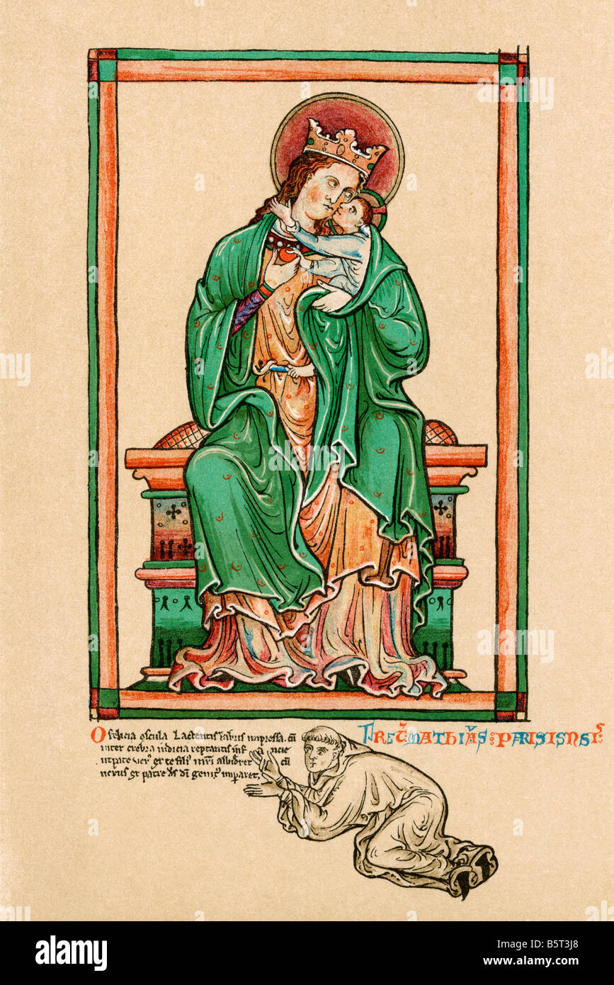 Autoportrait de Matthew Paris aux pieds de la Vierge et de l'enfant. Matthew Paris, c. 1200 - 1259. Moine bénédictin anglais, artiste, cartographe. Banque D'Images