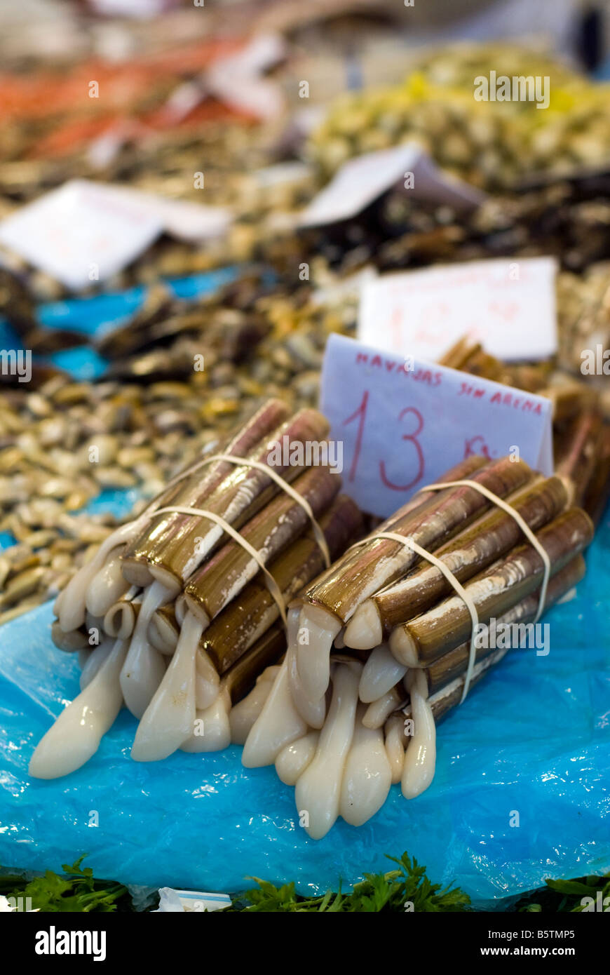 Shell rasoir Navajas à vendre dans le marché central des poissons Mercado Central dans le centre-ville historique de Valence Espagne Banque D'Images