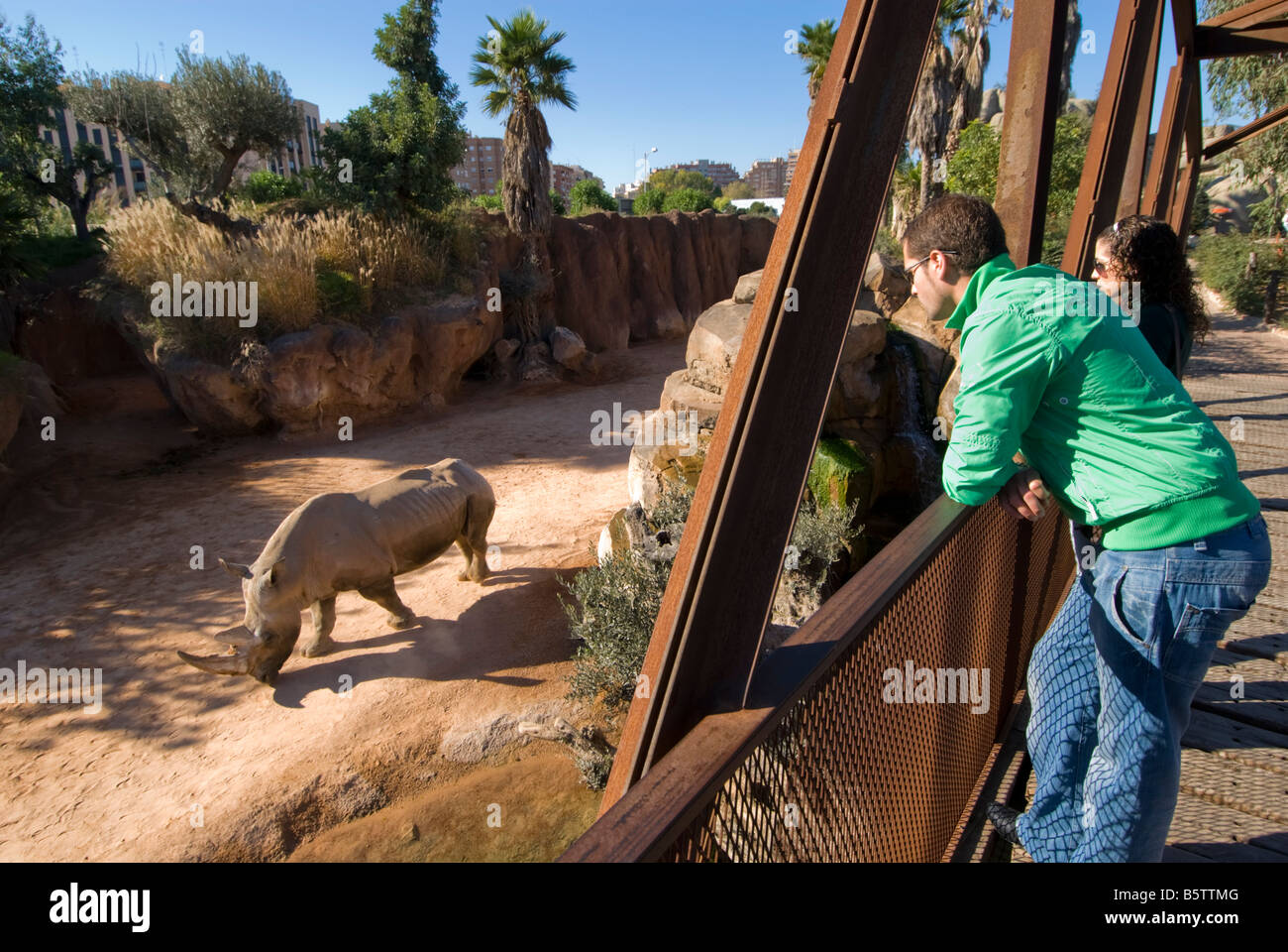 Les personnes à la recherche de rhinocéros au pont de fer du boîtier dans le zoo Bioparc de la plate-forme qui a ouvert ses portes en 2008 Valencia Espagne Banque D'Images