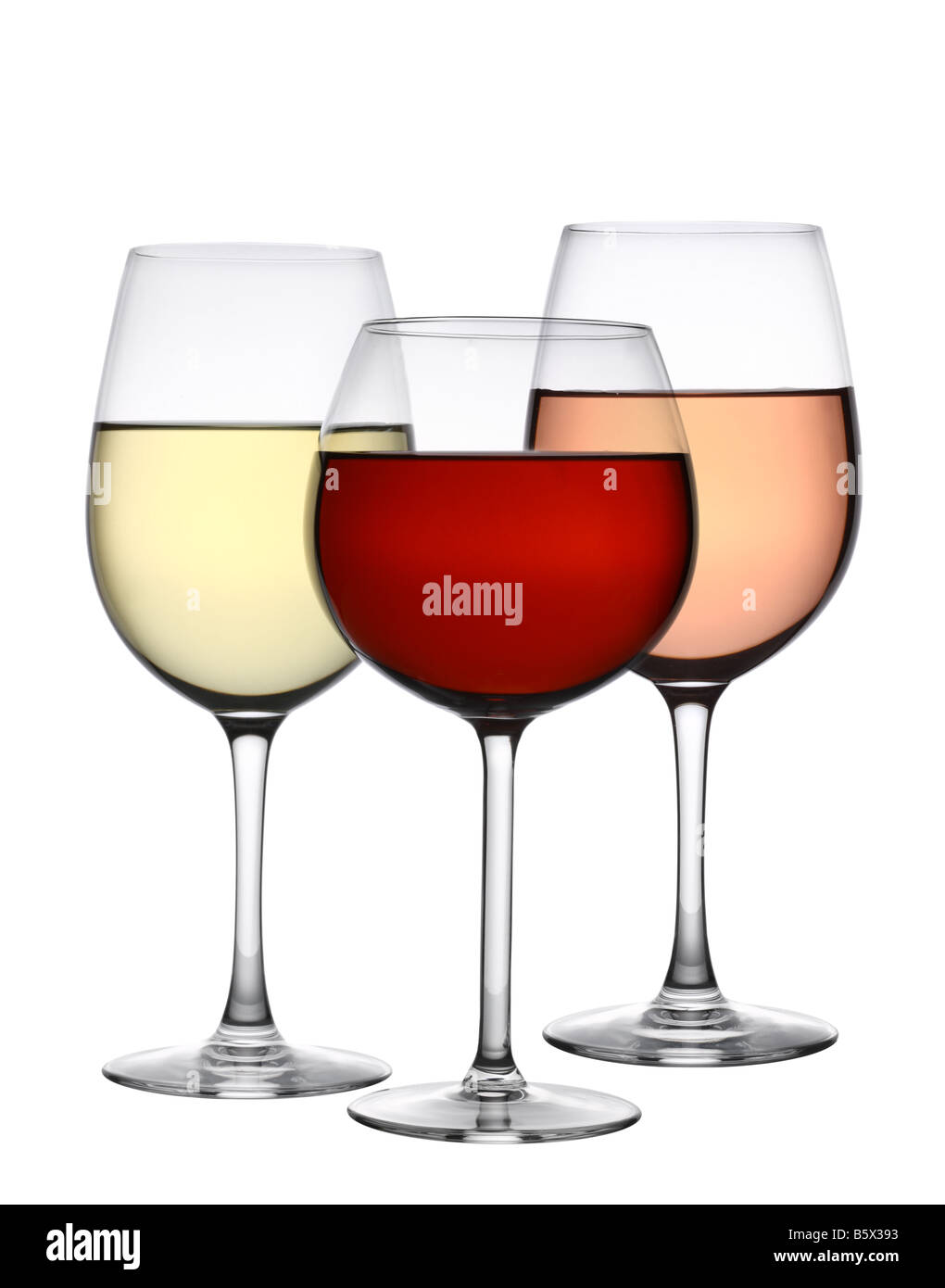 Verres de vin rouge blanc et rose Dentelle isolé sur fond blanc Banque D'Images