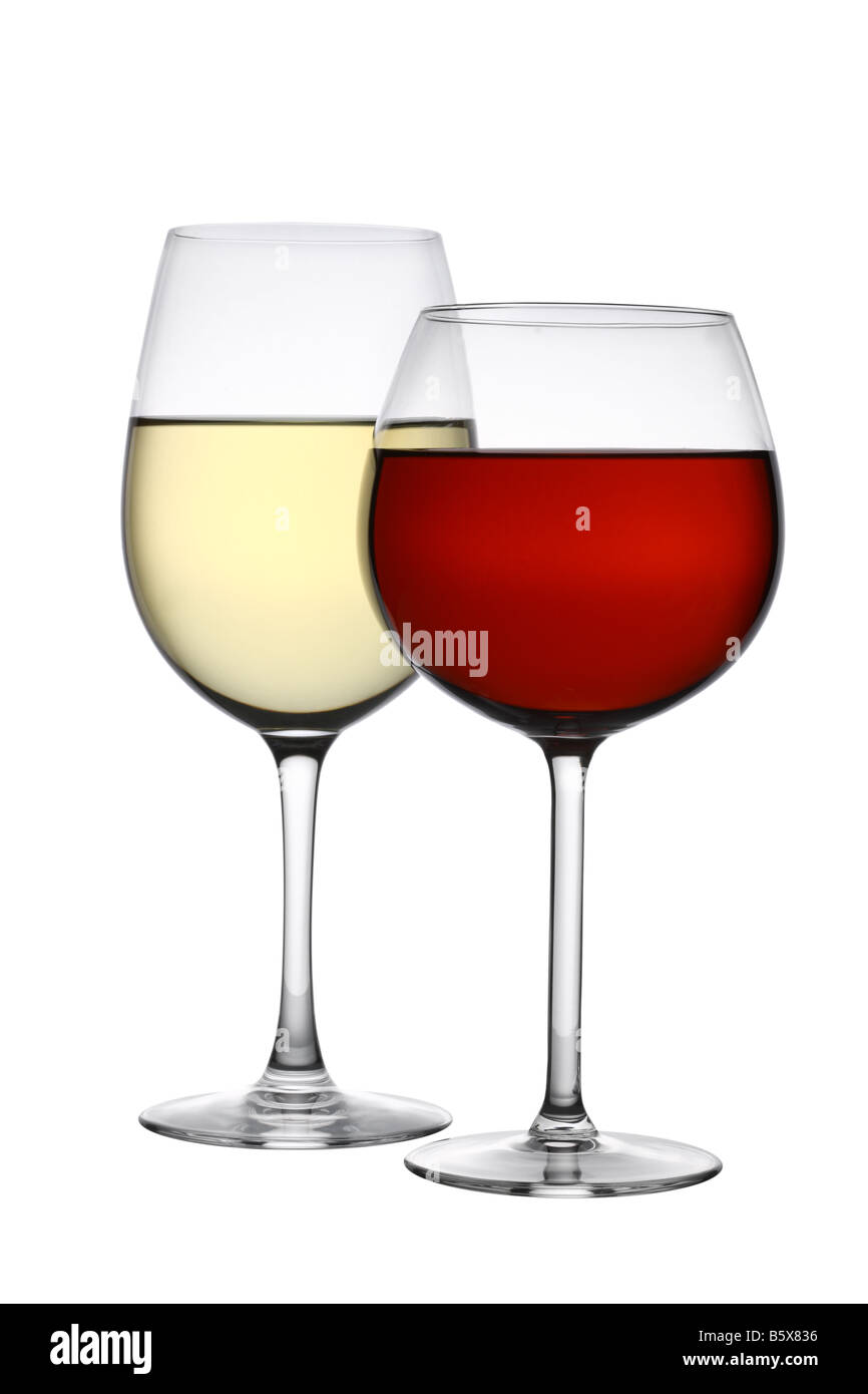 Verres de vin rouge et blanc dentelle isolé sur fond blanc Banque D'Images