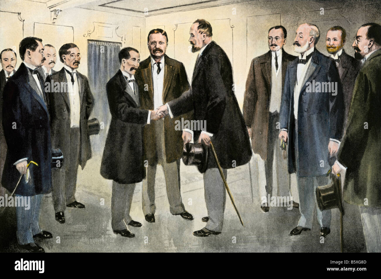 Le président Theodore Roosevelt présider le Traité de Portsmouth se terminant la guerre russo-japonaise de 1905. La main, d'une illustration de demi-teinte Banque D'Images