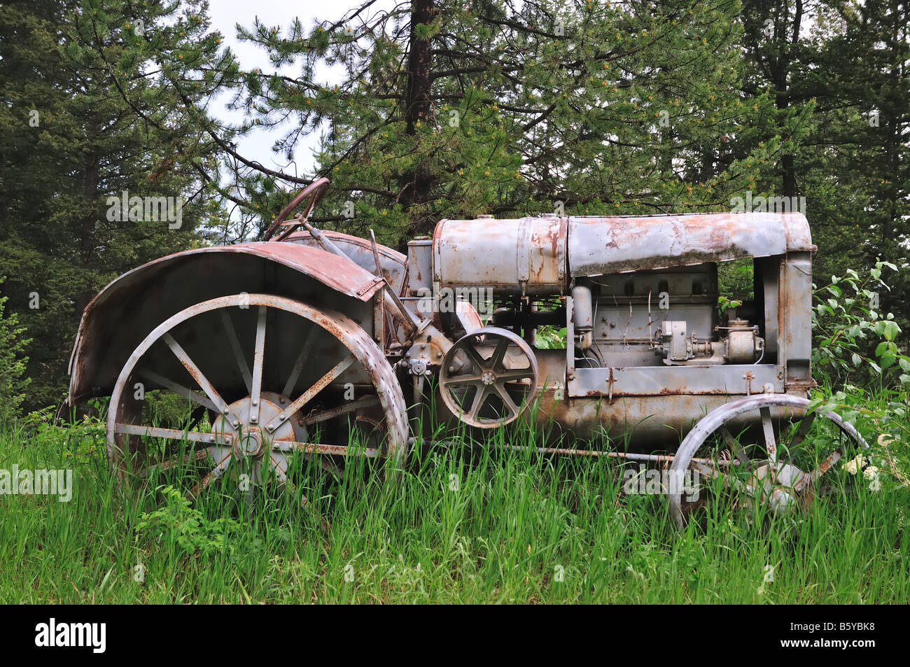 Ancien tracteur abandonné rouillent dans une verdoyante prairie Banque D'Images