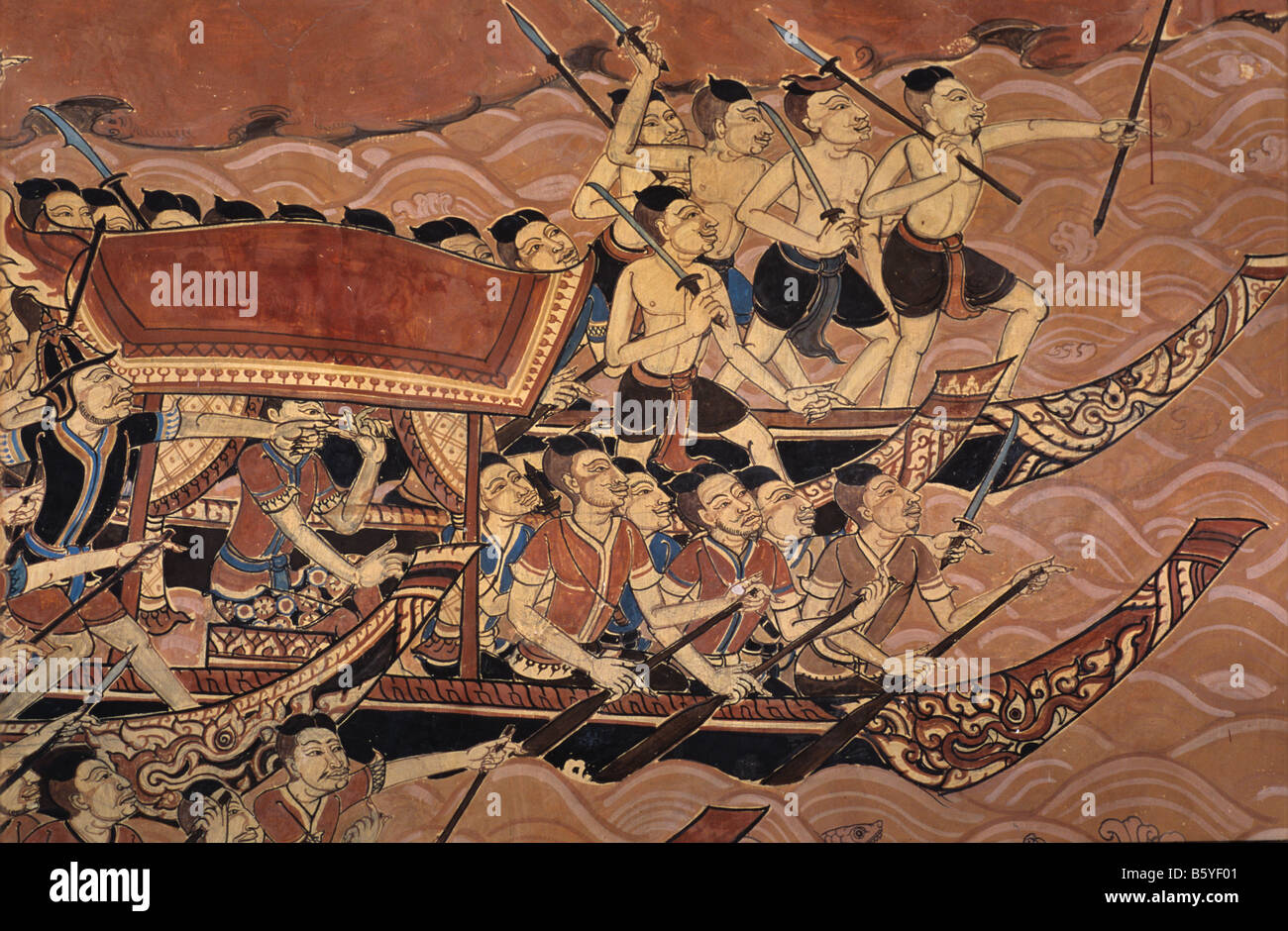Des soldats thaïlandais illustré dans des peintures murales illustrant la chute d'Ayutthaya en 1767, du Palais de Thonburi, Bangkok Banque D'Images