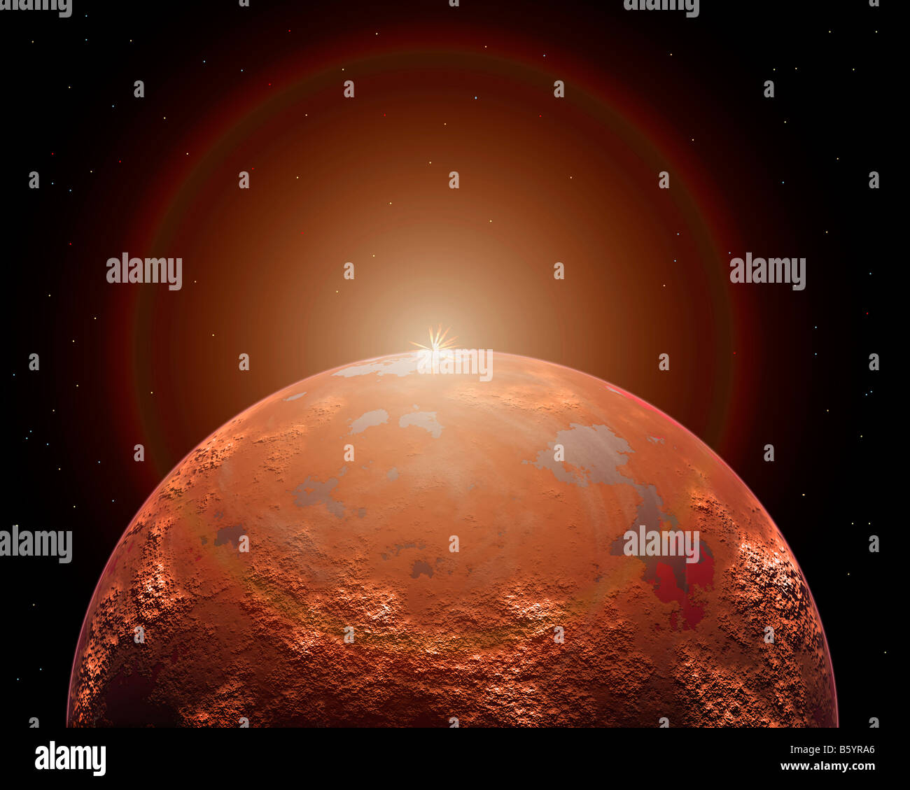 Une lointaine planète en orbite autour de son Soleil Rouge Banque D'Images