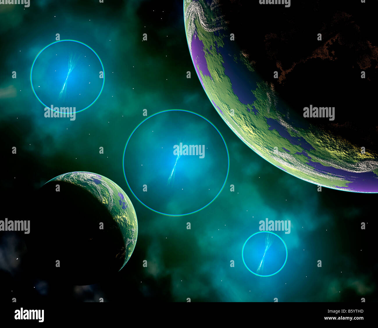 Les planètes en orbite autour d'un système d'Étoiles Trinary Banque D'Images