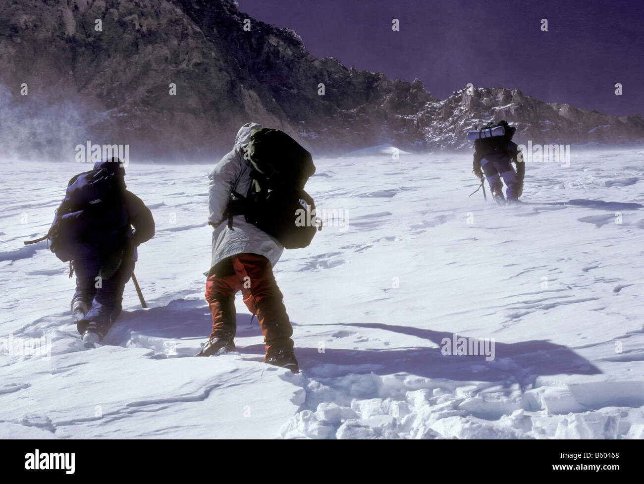 Les grimpeurs montent un névé en dessous du Gran Acarreo, Cerro Aconcagua, Andes, Argentine. Banque D'Images