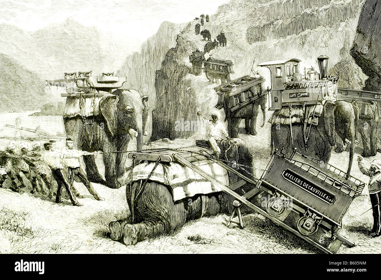 L'armée anglaise, l'Inde en 1884. De Transport ferroviaire portable 'Decauville' avec les éléphants. Illustration d'antiquités. 1885. Banque D'Images