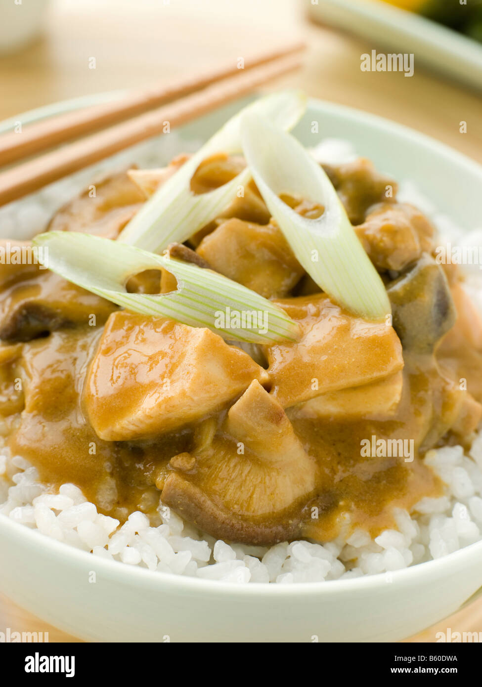 Curry de poulet aux champignons et riz Koshihikari avec Banque D'Images