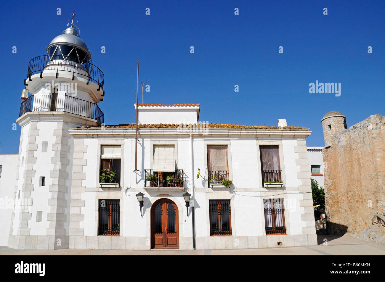 Phare, château construit par les Templiers, Musée, Peniscola, Costa del Azahar, côte de la fleur d'oranger, Castellon, Valencia Banque D'Images