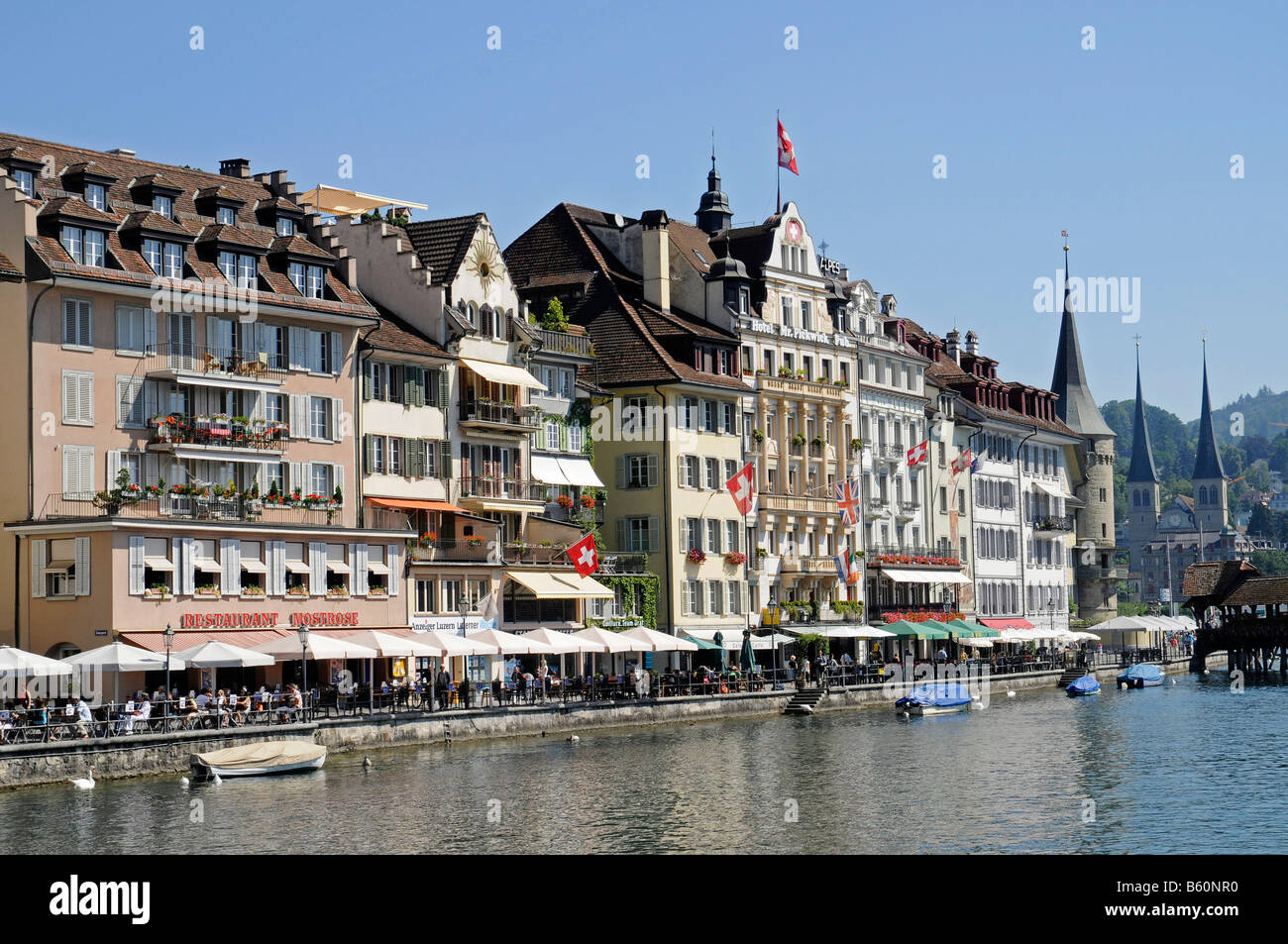 Riverside, restaurants, gastronomie, Reuss, le quartier historique, Lucerne, Suisse, Europe Banque D'Images