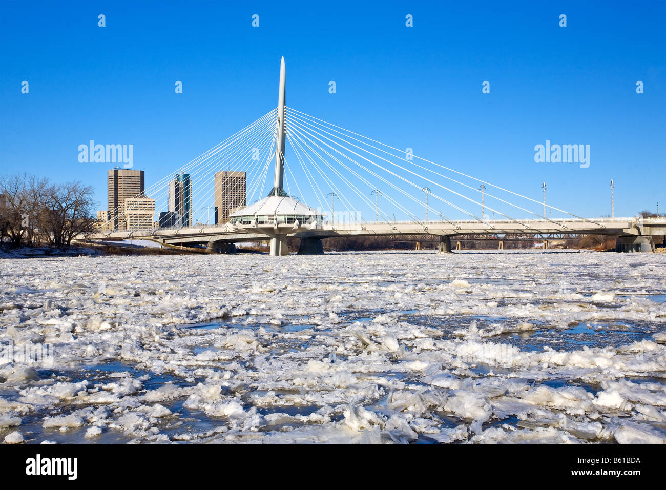 Frasil sur la rivière Rouge, le pont Esplanade Riel et de Winnipeg, Manitoba, Canada skyline. Banque D'Images