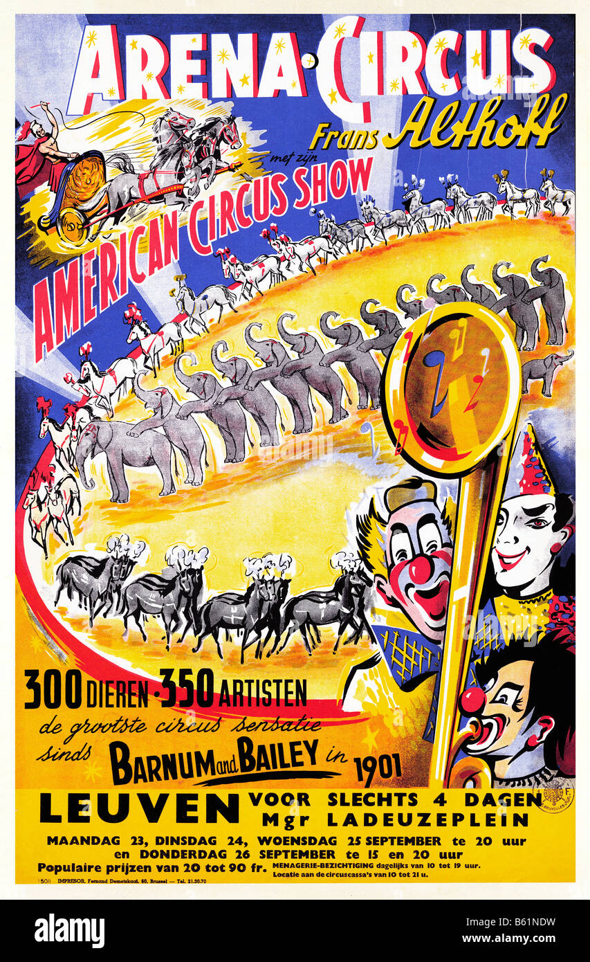 Cirque Arena 1950 affiche pour le spectacle de cirque américain belge Frans de l'Althoff sur sa visite à Leuven Banque D'Images