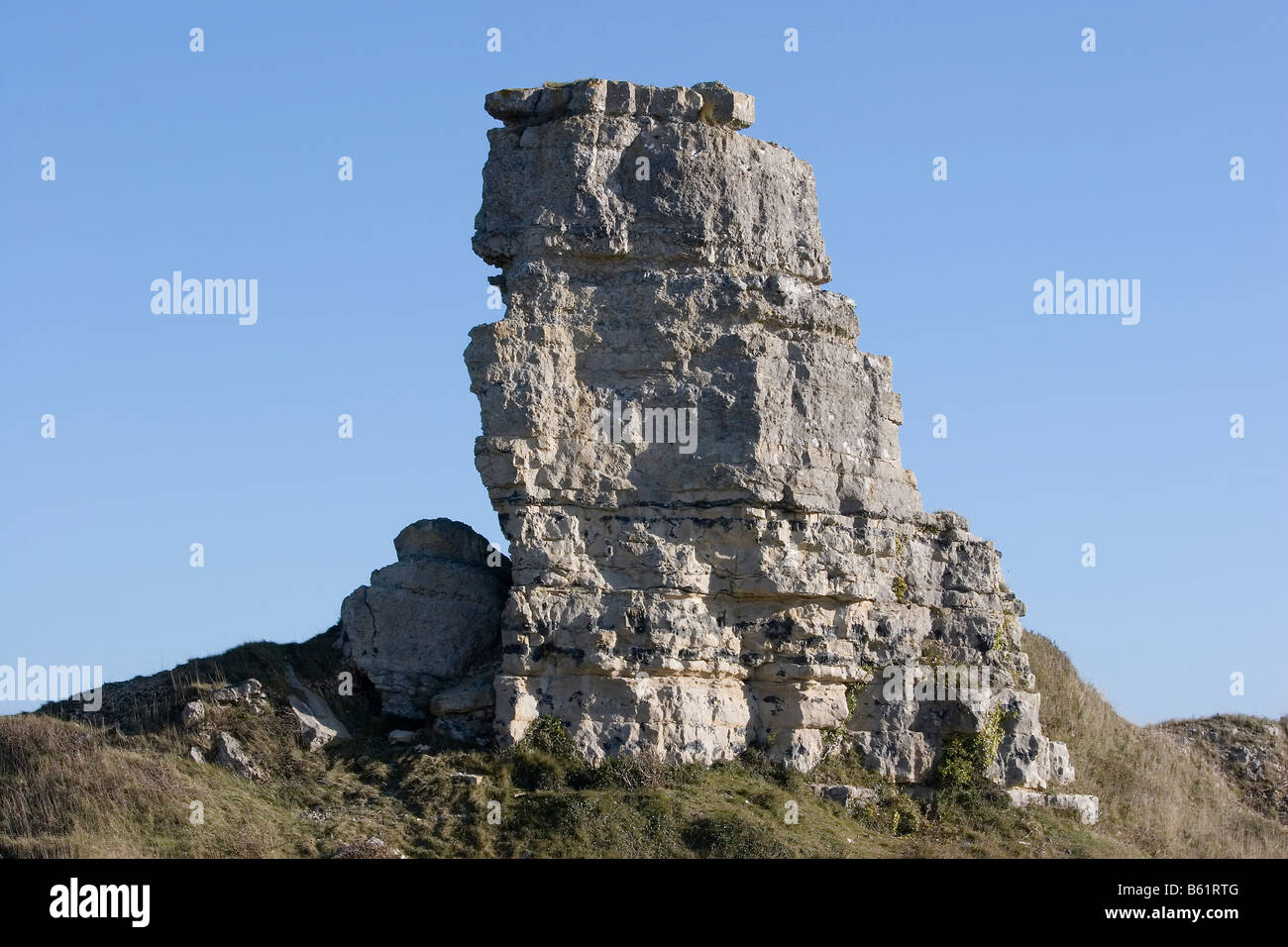 Bouton de Nicodème est un pilier de roche laissés par les carriers montrant la hauteur réelle de l'île de Portland Banque D'Images