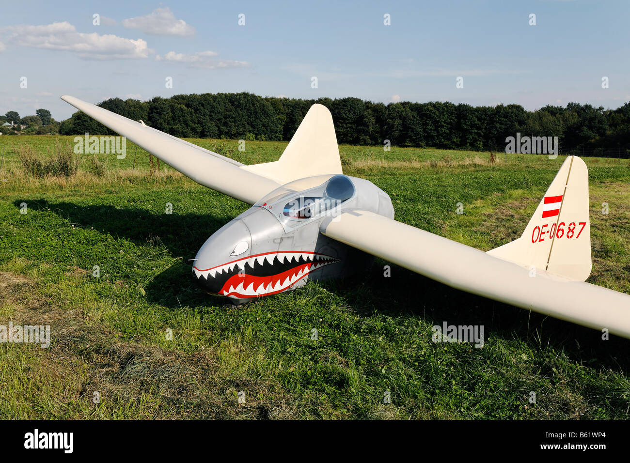 Planeur aile volante original, sans cabine, Fuselage peint avec la bouche d'un requin, l'aéroport de planeur, Aero Club Duesseldorf, Nordr Banque D'Images
