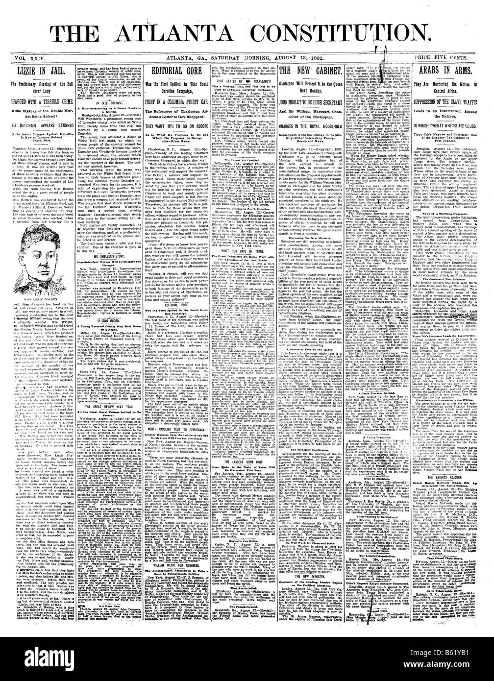 Première page d'un journal américain sur la 1892 assassin femelle Lizzie Borden Banque D'Images