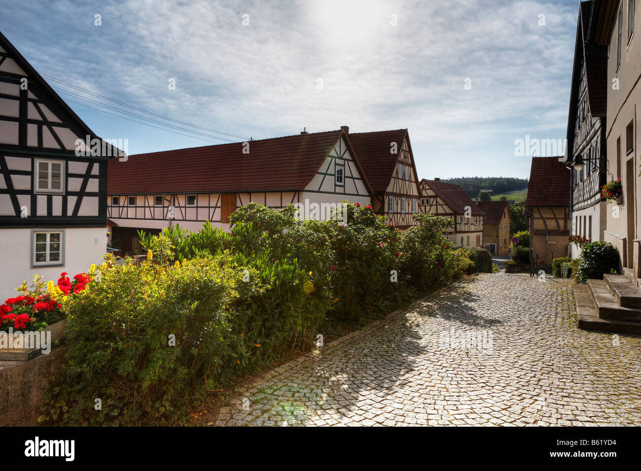 Maisons à colombages dans Hendungen, Roehn-grabfeld, Basse Franconie, Bavière, Allemagne, Europe Banque D'Images