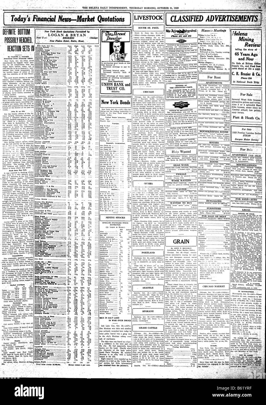 Page d'un journal de 1929 racontant le crash de Wall Street et les marchés boursiers Banque D'Images