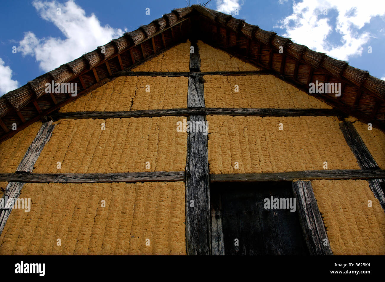 Façade ancienne et enduits d'une maison à colombages au toit de chaume, 1561, l'éco-musée d'Ungersheim, Alsace, France, Europe Banque D'Images