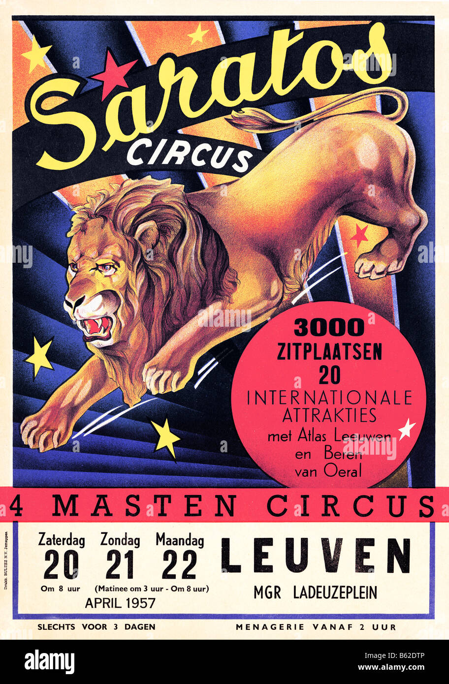 Saratos Circus 1950 affiche pour la visite de la ménagerie du cirque belge et de la ville de Leuven Banque D'Images
