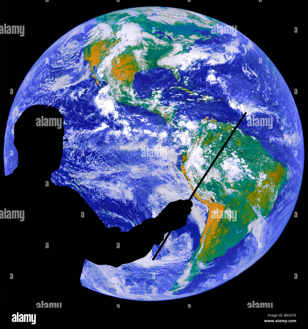 Formateur géographie pointant sur la carte globale de la masse Banque D'Images