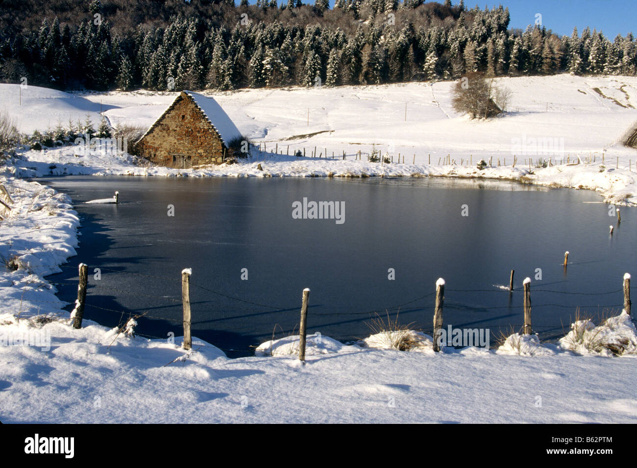 Paysage d'hiver avec un étang en Auvergne. La France. Banque D'Images