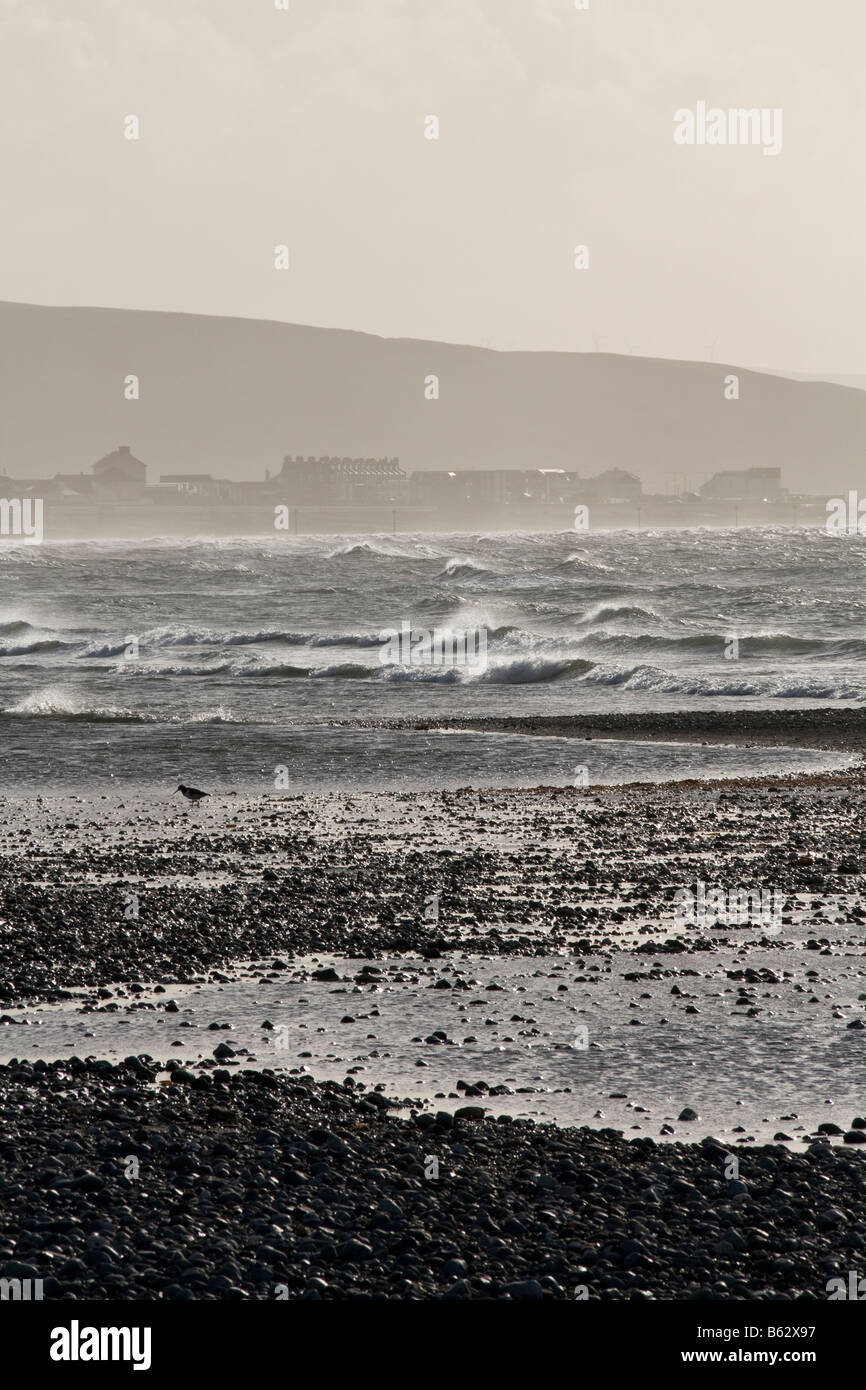 Mer d'Irlande vagues se briser à Tywyn, Gwynedd, Pays de Galles dans le soleil d'hiver Banque D'Images