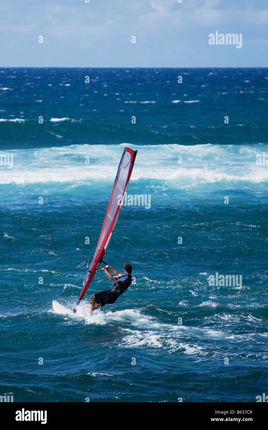 Planche à voile touristique dans la mer, plage de Hookipa, Maui, Hawaii, USA Banque D'Images