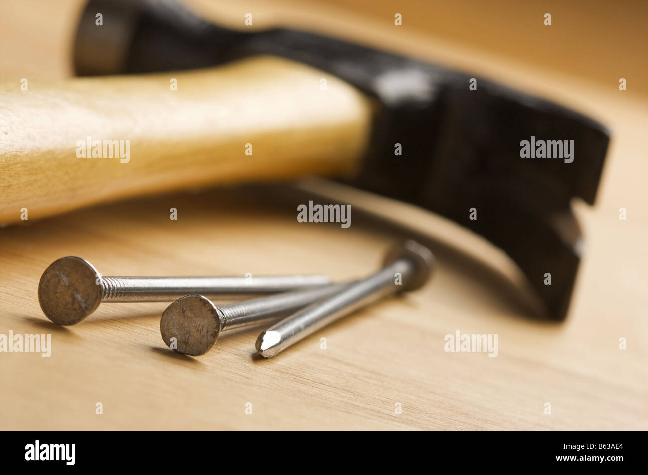 Hammer and Nails abrégé sur fond de bois Banque D'Images