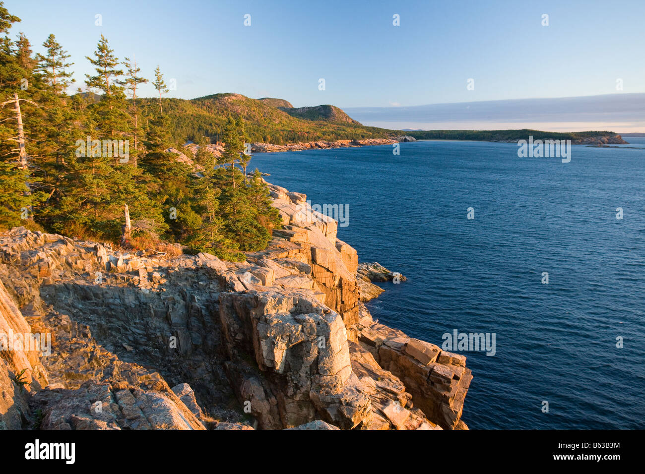 Soir d'été le long de la côte rocheuse de l'Acadia National Park, Maine, la Nouvelle Angleterre, USA. Banque D'Images
