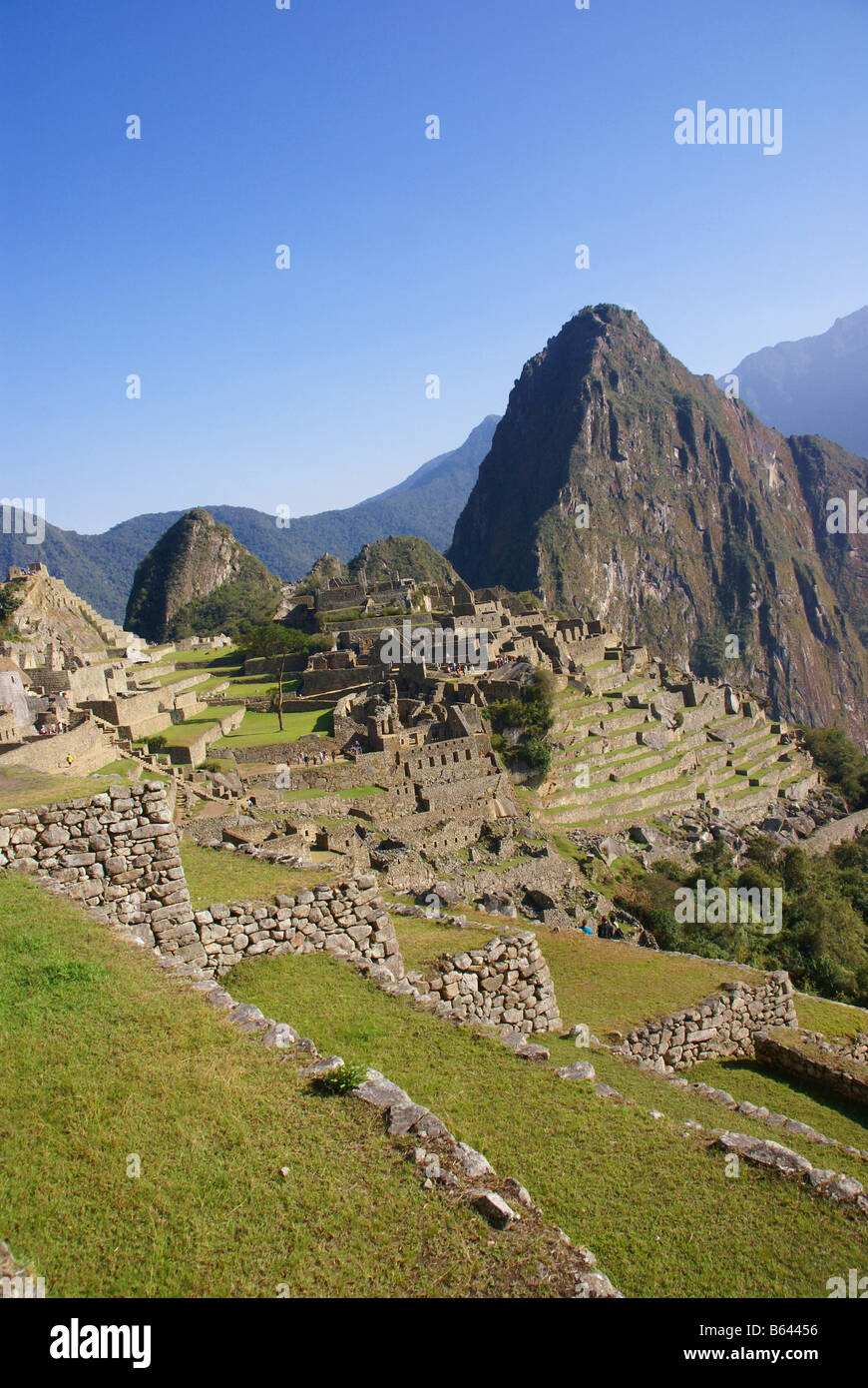 Donnant sur la montagne Huayna Picchu ruines Incas Machu Picchu Pérou Amérique du Sud Banque D'Images
