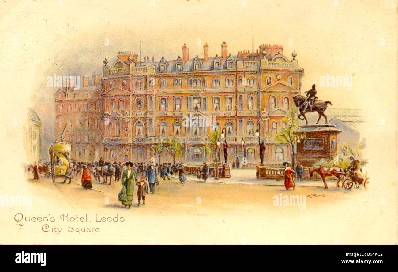 Carte postale Chromolithed de Queen's Hotel, City Square, Leeds 1906 Banque D'Images