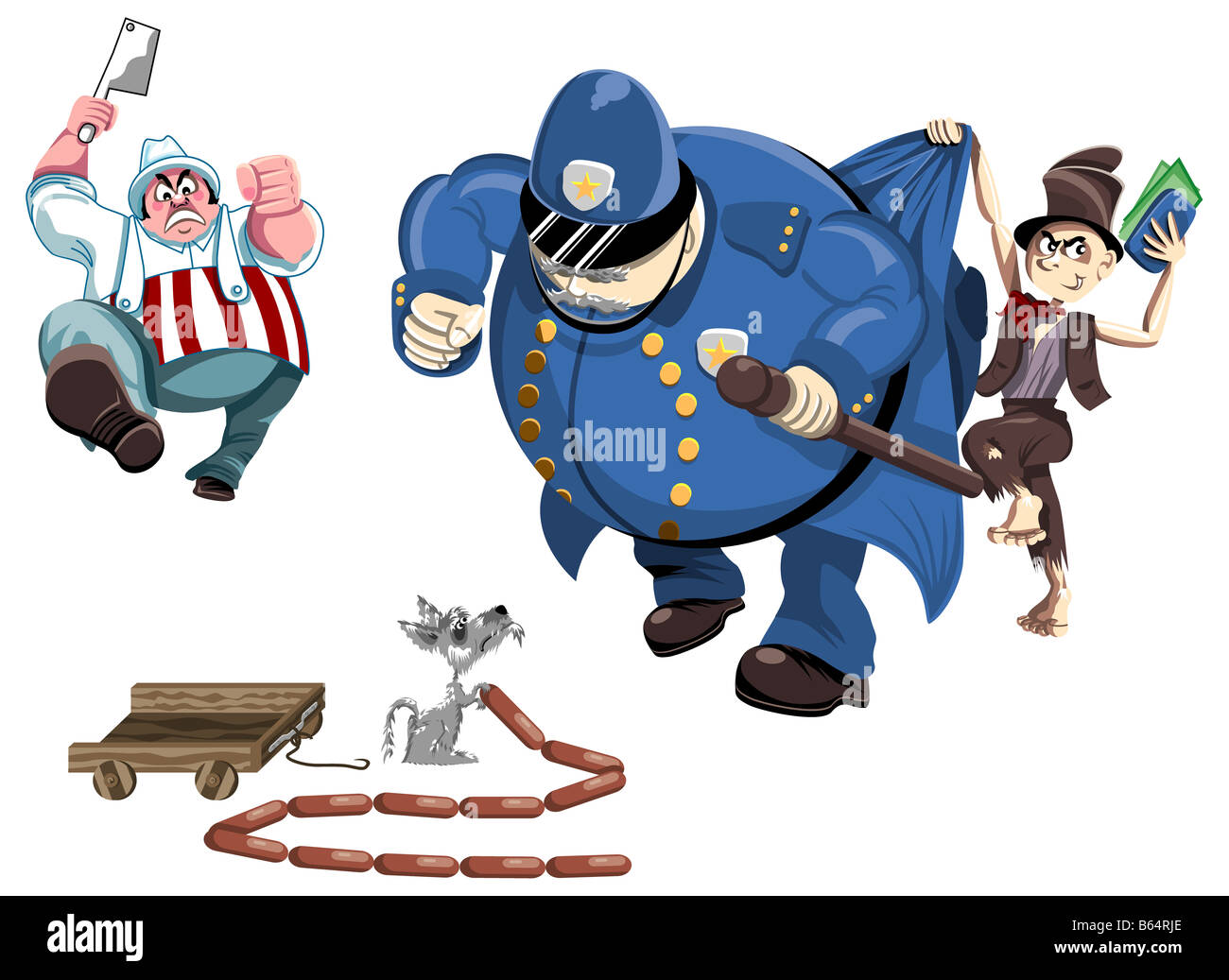 Pickpocket vole de policier distrait par le vol de chien avec une chaîne de saucisses poursuivi par boucher en colère Banque D'Images