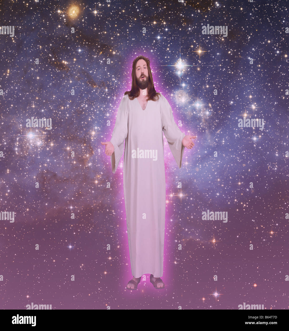 Jésus debout au milieu du ciel au-dessus. Banque D'Images