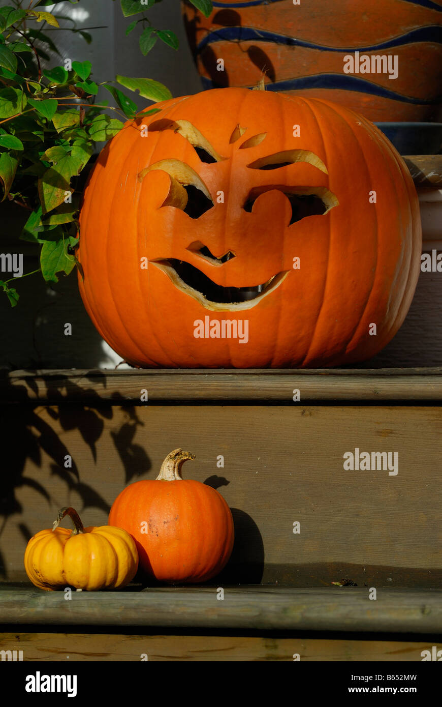 Citrouilles d'halloween orange et jaune sur un escalier en bois d'une maison de la côte ouest canadienne traditionnelle Banque D'Images