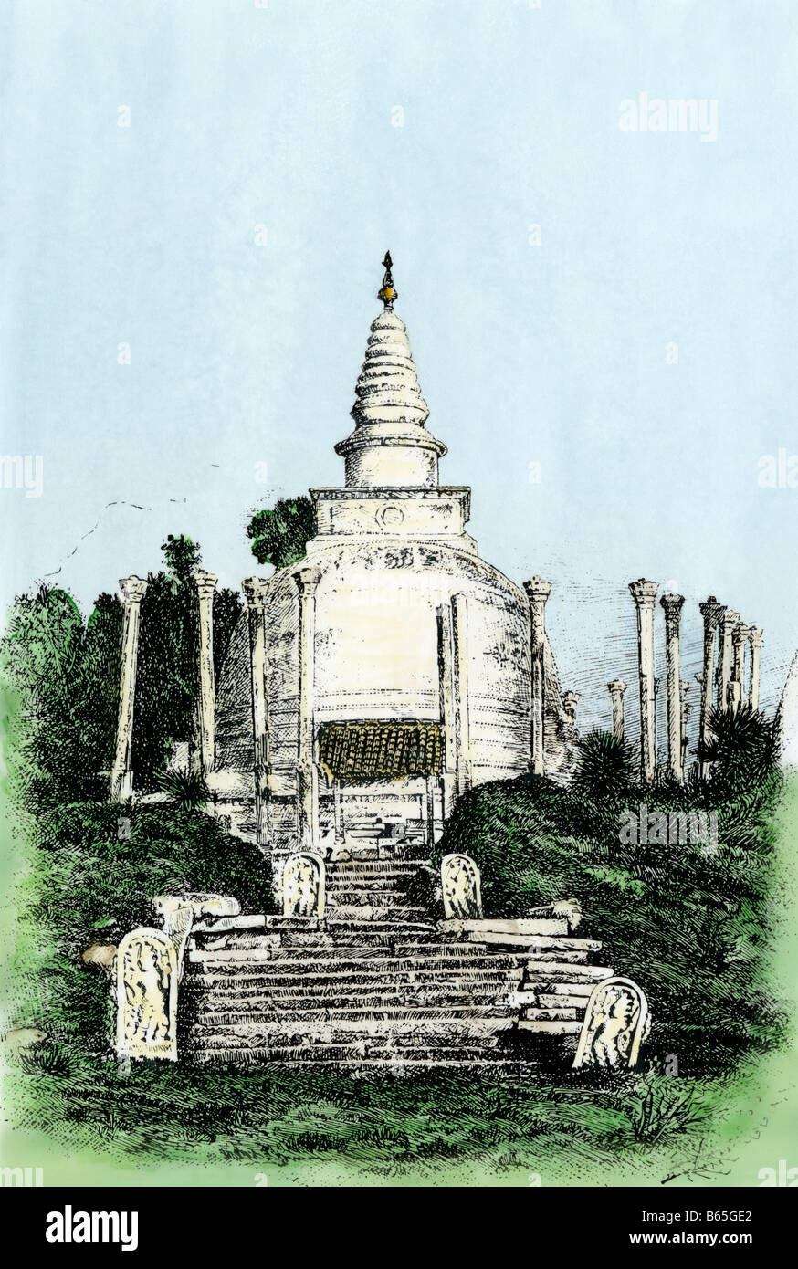 Thupurama Dagoba un sanctuaire bouddhiste érigé en 307 BC à Ceylan, maintenant le Sri Lanka. À la main, gravure sur bois Banque D'Images