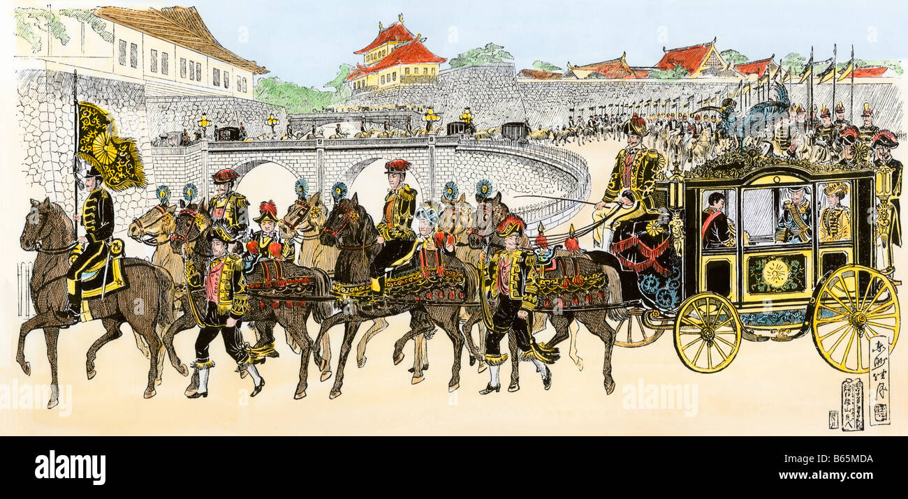 L'Empereur Mutsuhito du Japon dans son état transport, Tokyo vers 1890. À la main, gravure sur bois Banque D'Images