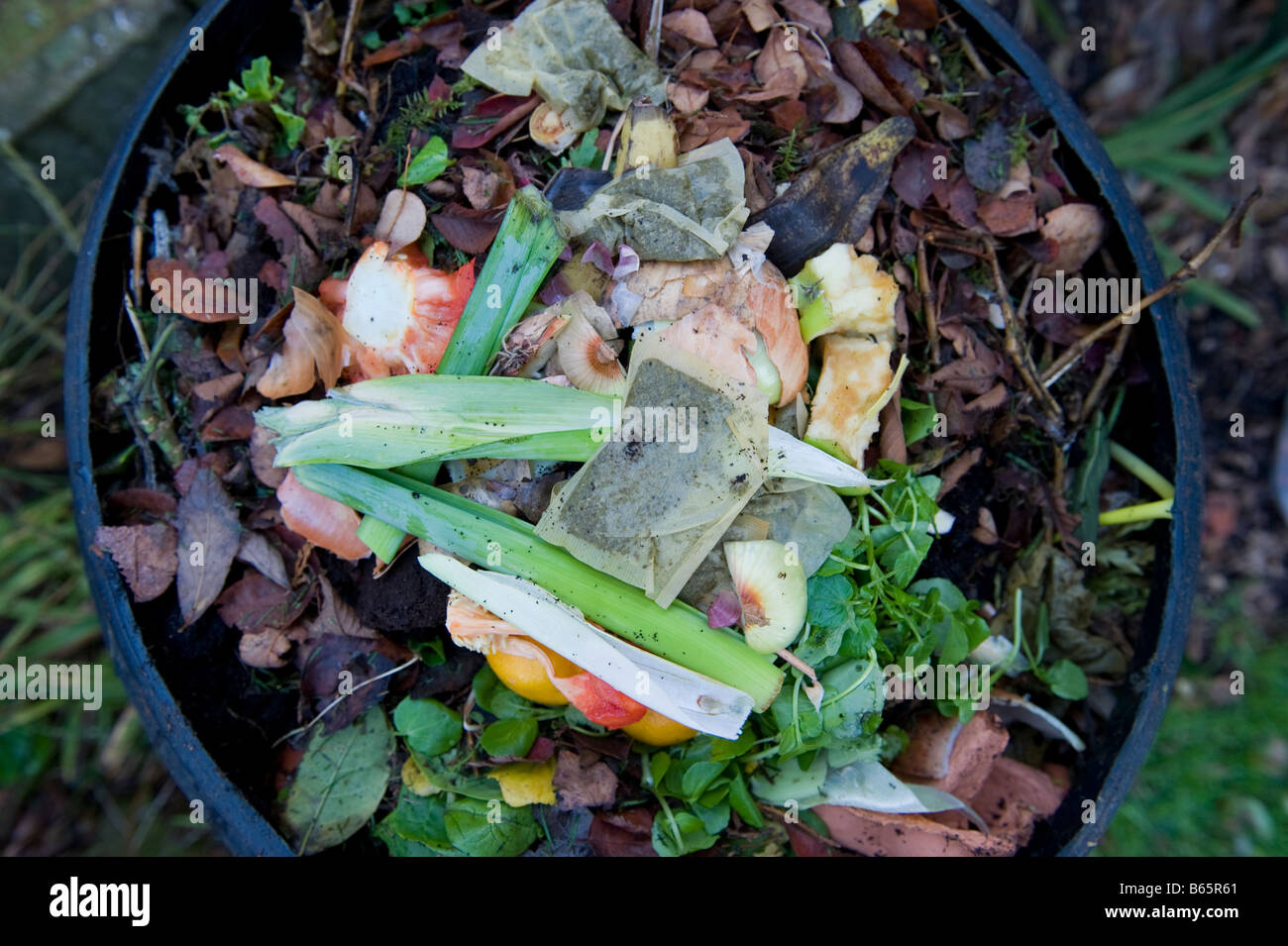 Les déchets de la cuisine et du jardin ménage mélangés dans un composteur domestique dans un jardin dans le Worcestershire, Angleterre. Banque D'Images