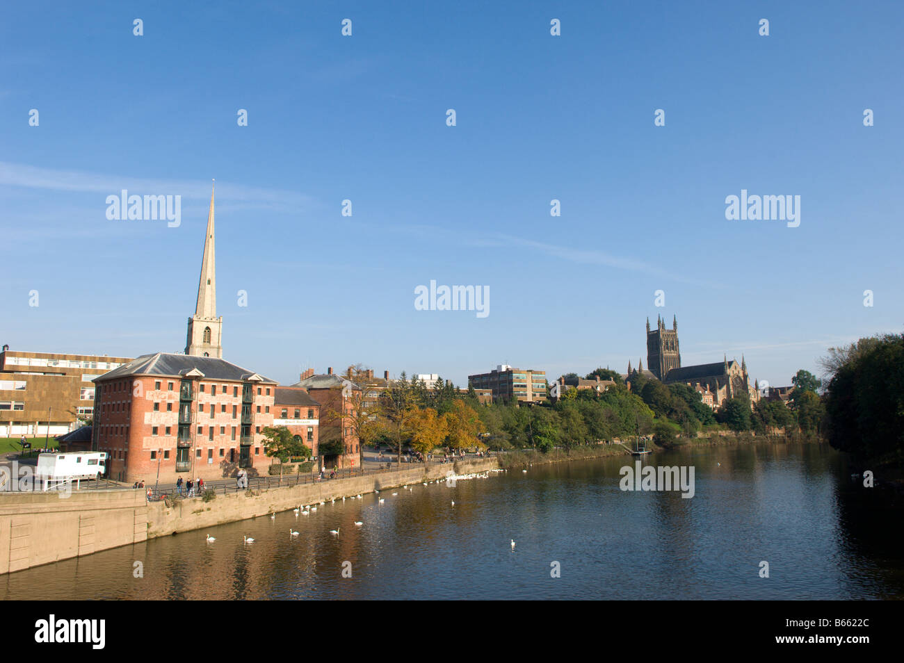 Vue sur la rivière Severn vers la cathédrale de Worcester, Worcester, Royaume-Uni. Banque D'Images