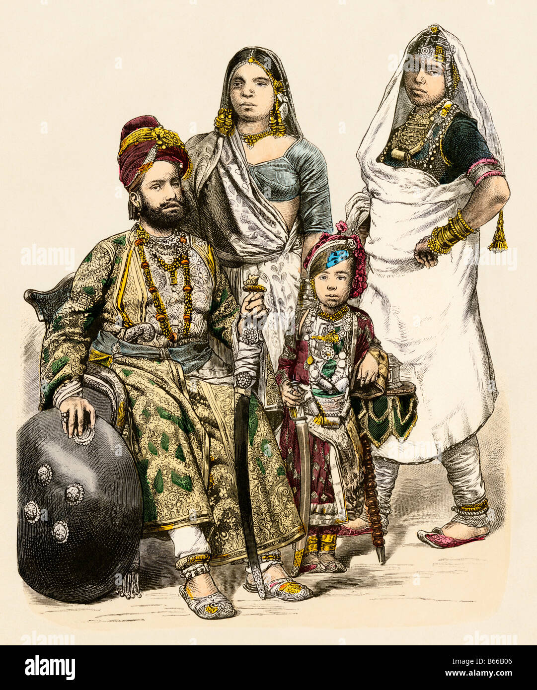 Prince avec sa famille et une femme fonctionnaire hindou de l'Inde des années 1800. Impression couleur à la main Banque D'Images