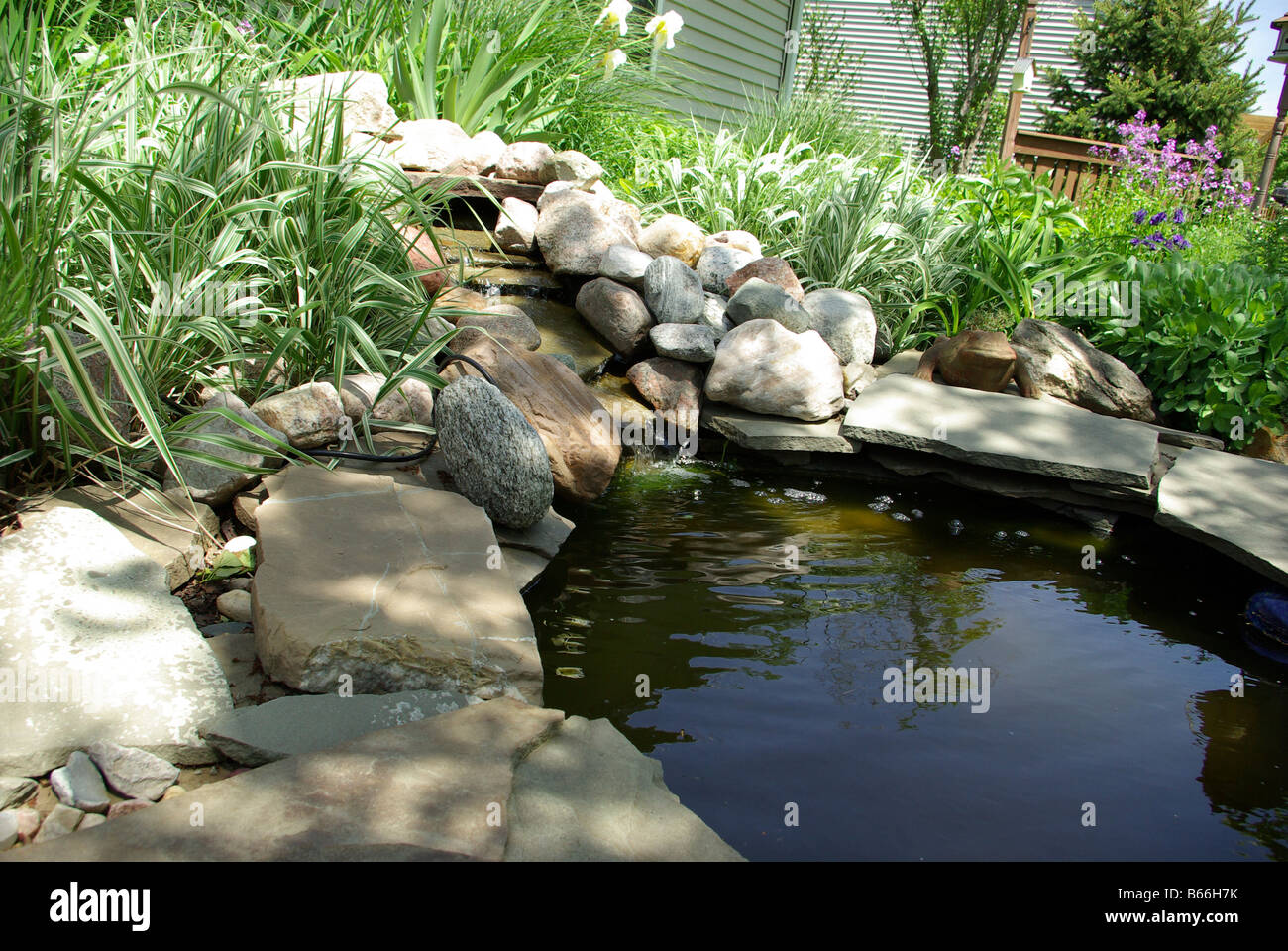 Un petit étang décoratif se trouve dans cette arrière-cour dans le midwest allumé par Sunshine Banque D'Images