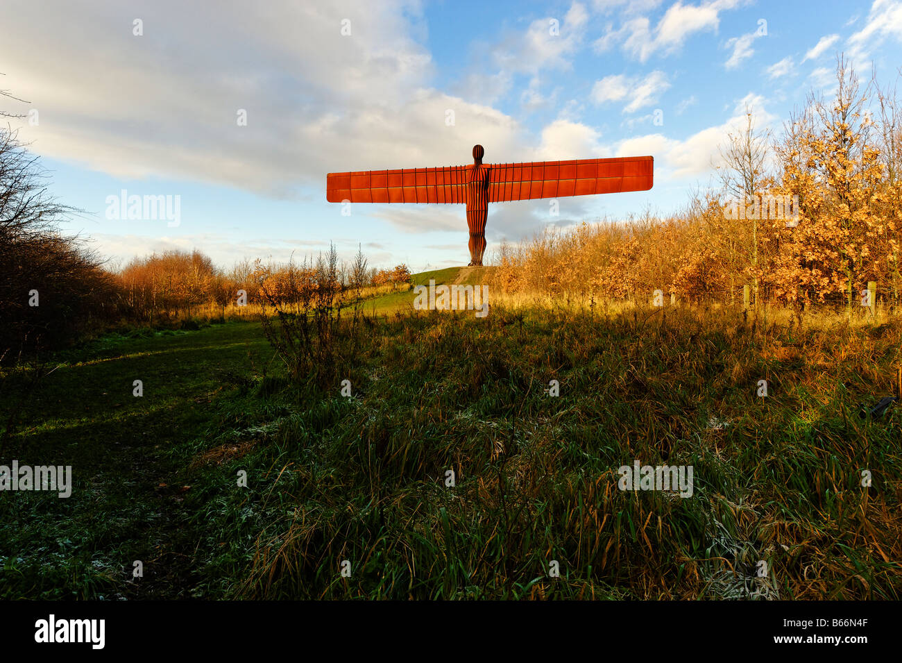 Sunlit Ange du Nord contre le ciel bleu et les nuages vus de prairies ombragées Banque D'Images