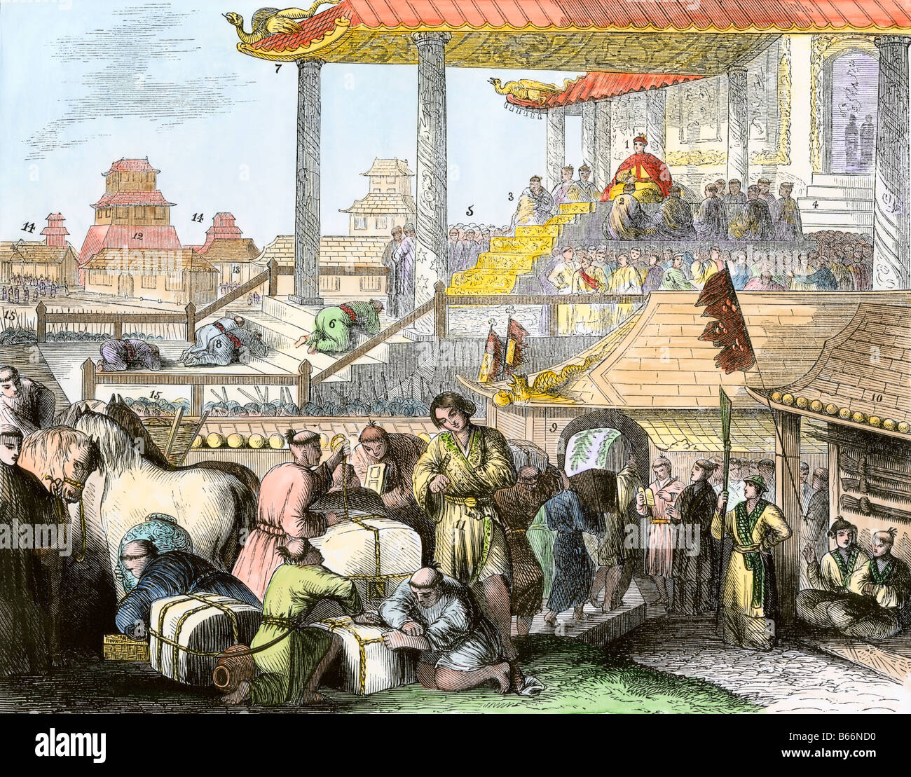 Palais de Komei empereur du Japon à Kyoto de 1850. À la main, gravure sur bois Banque D'Images