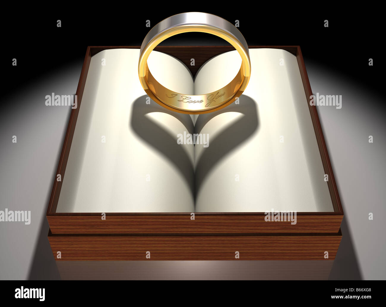 Illustration d'un anneau d'or et platine avec une ombre en forme de coeur Banque D'Images