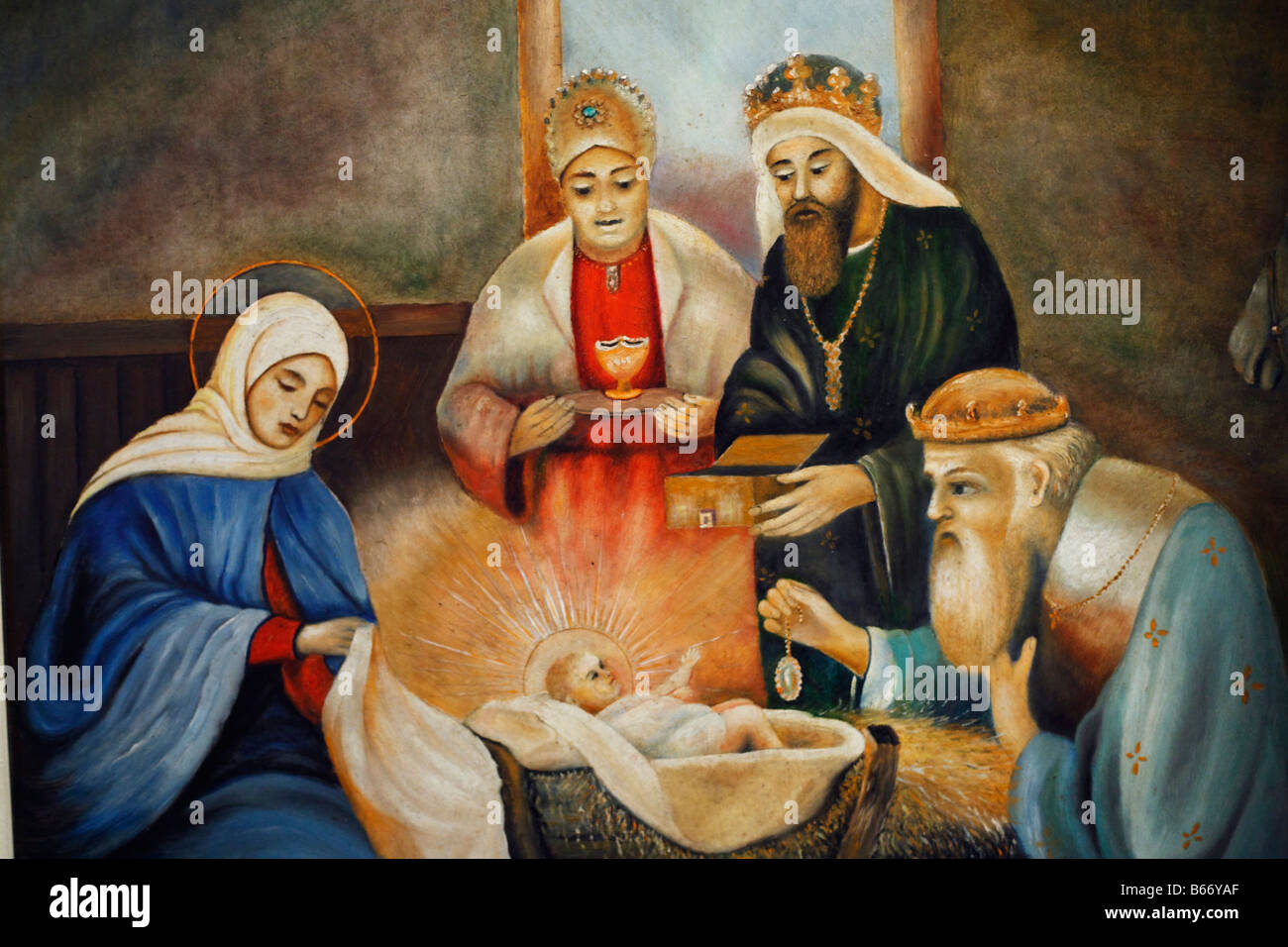 Icône de la nativité de Jésus, la vieille église de Saint Elie (1560), Toporovtsi, Chernivtsi oblast (province), Ukraine Banque D'Images