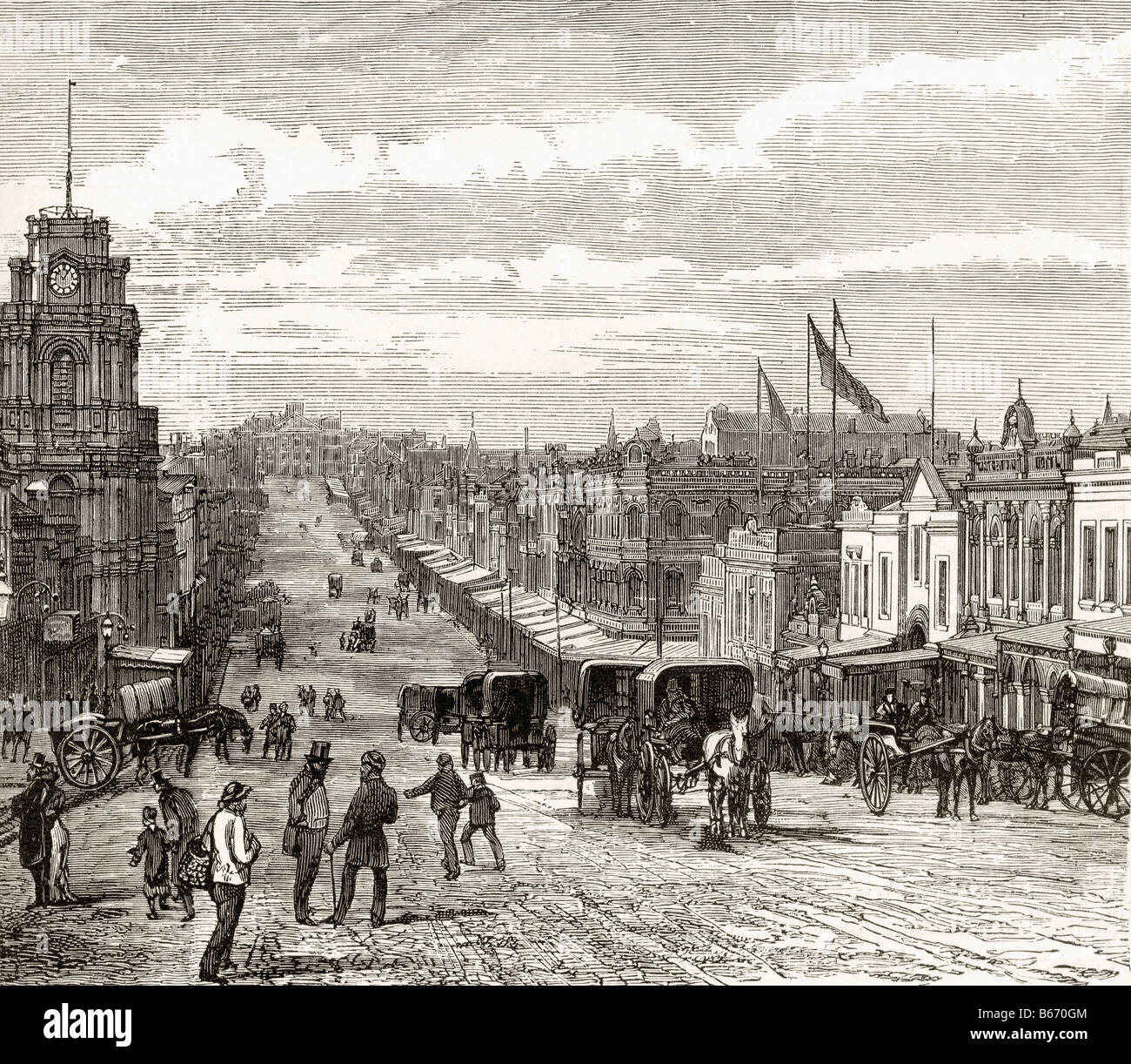 Bourke Street Melbourne, Australie, en direction est vers 1880 Banque D'Images