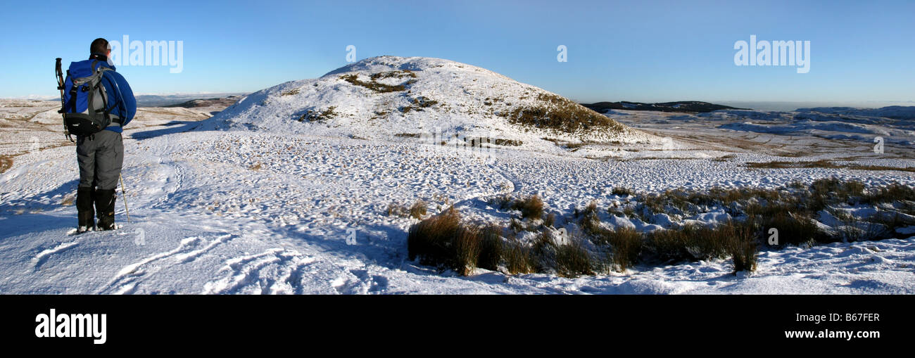Hillwalker à n/e à travers le Kilpatrick Hills au Campsie Fells en hiver Banque D'Images