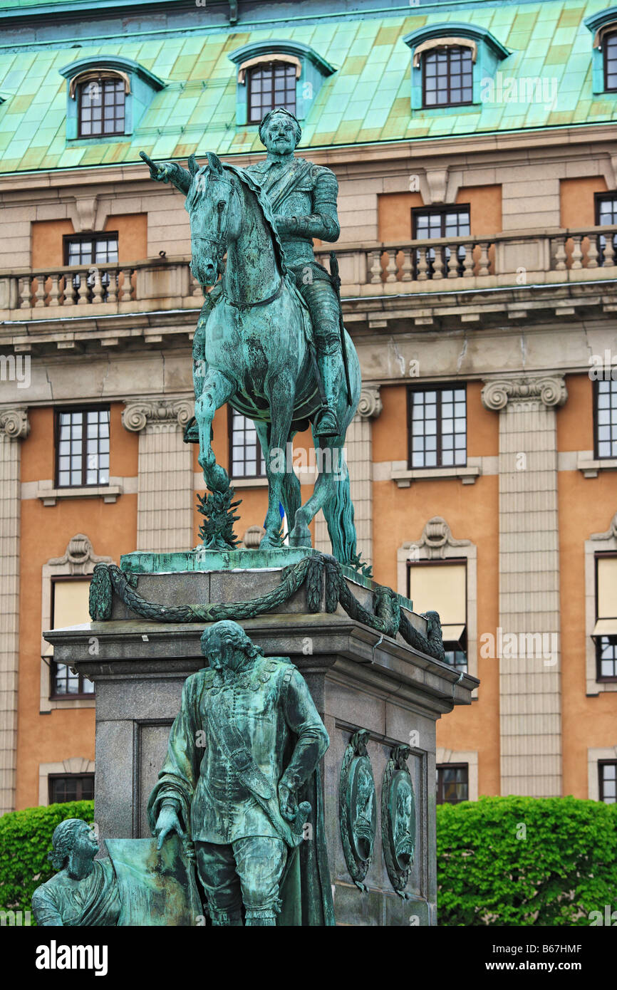 Sculpture en bronze, monument au roi Gustav Adolf II, Stockholm, Suède Banque D'Images