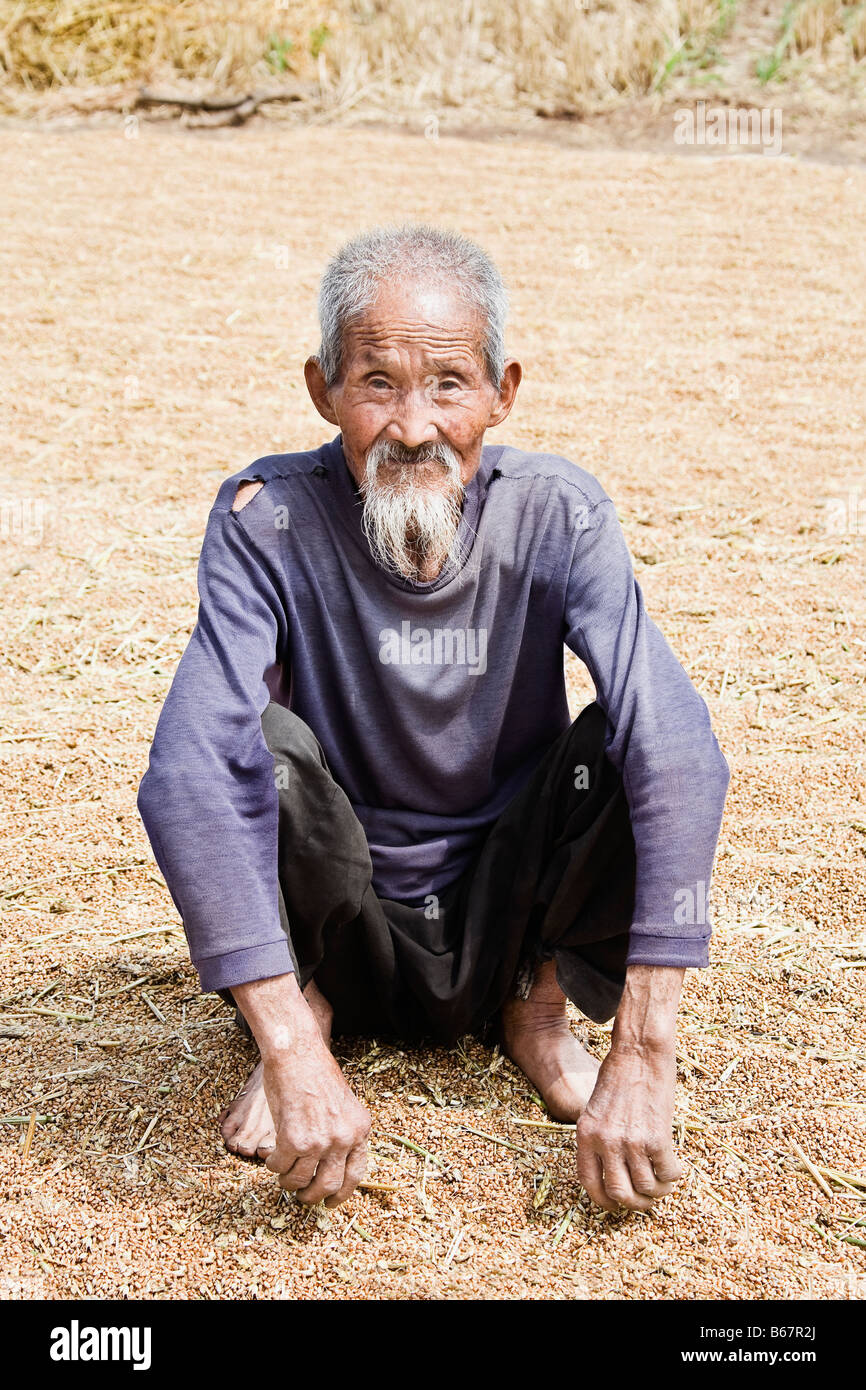 Portrait of a senior man crouching plus de grains de riz, Zhigou, Shandong Province, China Banque D'Images